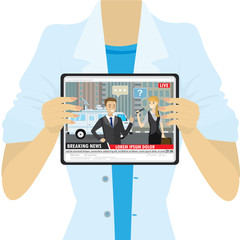 Female holding tablet pc,TV report or breaking news on the screen