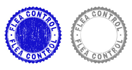 Grunge FLEA CONTROL stamp seals isolated on a white background. Rosette seals with grunge texture in blue and gray colors. Vector rubber stamp imitation of FLEA CONTROL text inside round rosette.