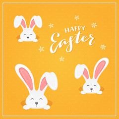 Lettering Happy Easter with Rabbits on Orange Background