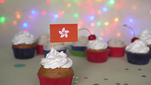 Hong Kong Special Administrative Region Establishment Day. Cupcake with Hong Kong flag. Patriotic holiday 
