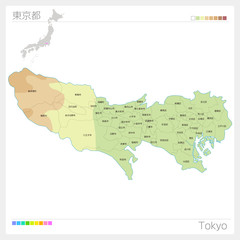Obraz premium 東京都の地図（等高線・色分け・市町村・区分け）