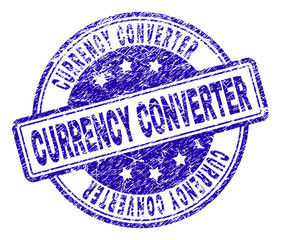 CURRENCY CONVERTER stamp seal watermark with grunge texture. Designed with rounded rectangles and circles. Blue vector rubber print of CURRENCY CONVERTER label with grunge texture.