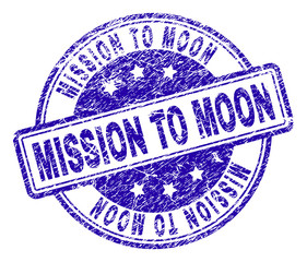 MISSION TO MOON stamp seal imprint with distress texture. Designed with rounded rectangles and circles. Blue vector rubber print of MISSION TO MOON caption with grunge texture.