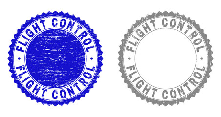 Grunge FLIGHT CONTROL stamp seals isolated on a white background. Rosette seals with grunge texture in blue and gray colors. Vector rubber stamp imprint of FLIGHT CONTROL title inside round rosette.