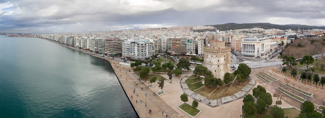 View of Thessaloniki and the white tower during a cloudy day