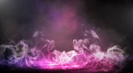 The background of an empty room with brick walls and concrete floor tiles. Neon light, spotlight, smoke © MiaStendal