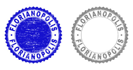 Grunge FLORIANOPOLIS stamp seals isolated on a white background. Rosette seals with grunge texture in blue and grey colors. Vector rubber stamp imprint of FLORIANOPOLIS title inside round rosette.