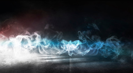 The background of an empty room with brick walls and concrete floor tiles. Neon light, spotlight, smoke