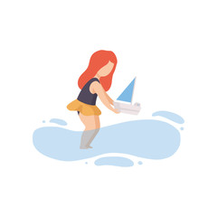 Cute  Girl in Swimsuit Playing with Toy Boat on Beach on Summer Holidays Vector Illustration