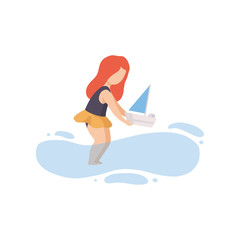 Obraz premium Cute Girl in Swimsuit Playing with Toy Boat on Beach on Summer Holidays Vector Illustration