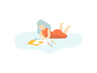 Lovely Girl lying on Floor and Drawing with Pencils, Kids Creativity, Education, Development Vector Illustration
