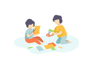 Two Cute Boys Sitting on Floor and Cutting Application Details, Kids Creativity, Education, Development Vector Illustration