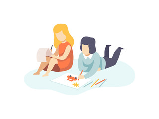 Fototapeta premium Cute Boy and Girl Drawing with Pencils, Kids Creativity, Education, Development Vector Illustration