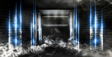 Background of an empty building with brick walls, illuminated by spotlights. View of open elevator doors. Neon light smoke. 3D rendering © MiaStendal