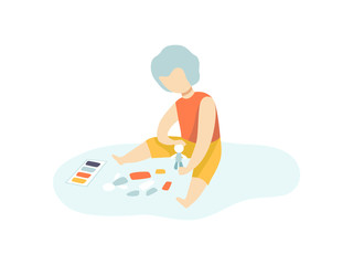 Boy Sitting on Floor and Making Figure from Plasticine and Playing, Kids Creativity, Education, Development Vector Illustration