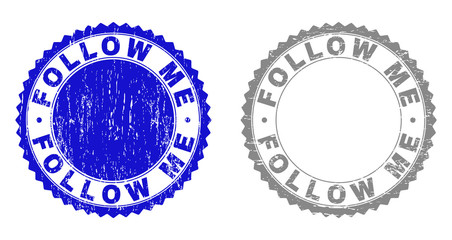 Grunge FOLLOW ME stamp seals isolated on a white background. Rosette seals with grunge texture in blue and gray colors. Vector rubber stamp imprint of FOLLOW ME text inside round rosette.