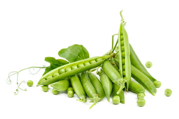 Fruits of green peas on white background.