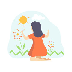 Cute Girl in Red Dress Painting Flowers on Wall, Kids Creativity, Education, Development Vector Illustration