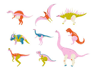 Collection of Colorful Dinosaurs, Pterodactyl, Carnotaurus, Styracosaurus, Diplodocus, Compsognathus, Brachiosaurus, Brontosaurus, Tyrannosaurus, Velociraptor Cute Prehistoric Animals Vector