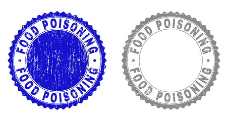 Grunge FOOD POISONING stamp seals isolated on a white background. Rosette seals with grunge texture in blue and grey colors. Vector rubber stamp imitation of FOOD POISONING title inside round rosette.