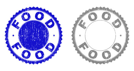 Grunge FOOD stamp seals isolated on a white background. Rosette seals with distress texture in blue and gray colors. Vector rubber stamp imitation of FOOD label inside round rosette.