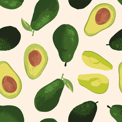 Vector summer pattern with avocado, flowers and leaves. Seamless texture design.