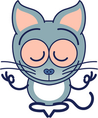 Cool gray cat with pointy ears, big eyes and long tail while doing a Gyan mudra sign with both hands. It's placidly smiling while seated in deep meditation