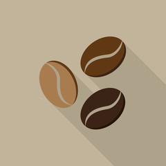 Coffee beans icon with long shadow on brown background, flat design style