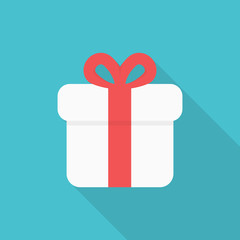 Gift box icon with long shadow on blue background, flat design style