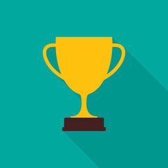 Trophy cup icon with long shadow on blue background, flat design style