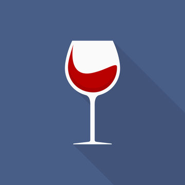 Glass Of Wine Icon With Long Shadow On Blue Background, Flat Design Style