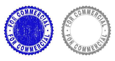 Grunge FOR COMMERCIAL stamp seals isolated on a white background. Rosette seals with grunge texture in blue and gray colors. Vector rubber overlay of FOR COMMERCIAL text inside round rosette.