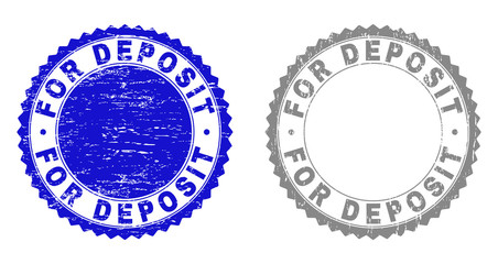 Grunge FOR DEPOSIT stamp seals isolated on a white background. Rosette seals with distress texture in blue and gray colors. Vector rubber stamp imprint of FOR DEPOSIT title inside round rosette.