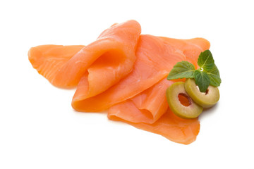Fresh salmon slice and spice on the white background.