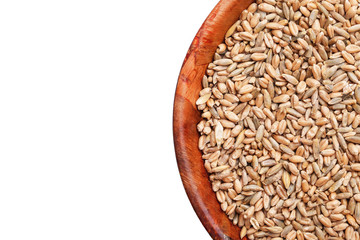 Kitchen container filled with wheat and rye. Cereal grains in wooden bowl.  Healthy food field harvest background. 