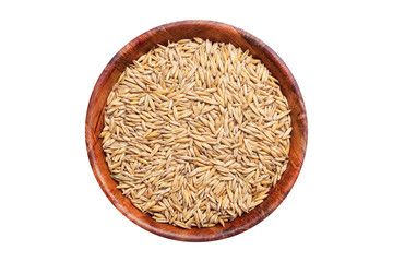 Freshly harvested oat seeds grains in wooden bowl from country rustic farm. Raw food background isolated on white in studio.	