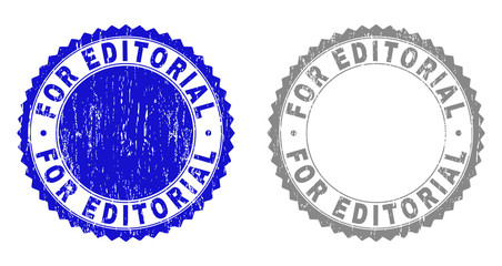 Grunge FOR EDITORIAL stamp seals isolated on a white background. Rosette seals with distress texture in blue and gray colors. Vector rubber stamp imitation of FOR EDITORIAL tag inside round rosette.