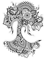 Mehndi flower pattern in form of tree for Henna drawing and tattoo. Decoration in ethnic oriental, Indian style.