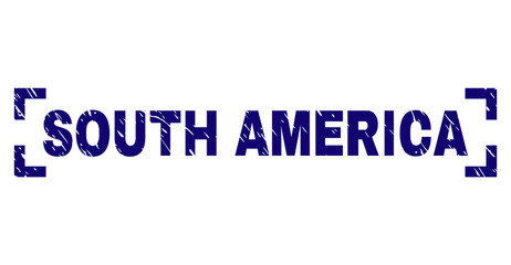 SOUTH AMERICA text seal print with corroded texture. Text label is placed inside corners. Blue vector rubber print of SOUTH AMERICA with corroded texture.