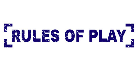 RULES OF PLAY label seal print with corroded style. Text label is placed inside corners. Blue vector rubber print of RULES OF PLAY with grunge texture.