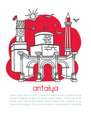 Antalya, Turkey. Vector illustration of a famous turkish city and its symbols. Vertical card design with text. Hand drawn doodle objects in modern style: black outline and red color blocks on white. -