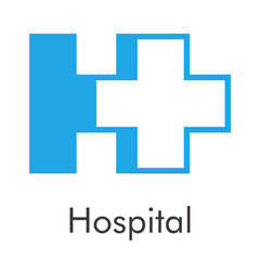 Logotipo abstracto con texto Hospital con letra H azul con cruz en espacio negativo