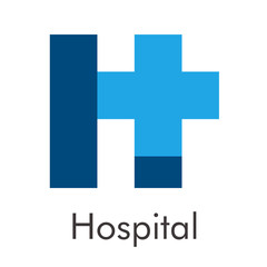 Obraz premium Logotipo abstracto con texto Hospital con letra H con cruz en color azul
