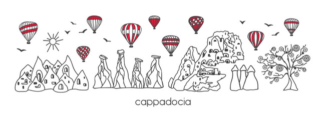 Vector modern illustration Cappadocia with hand drawn doodle turkish symbols. Horizontal panoramic scene for banner or print design. Simple minimalistic style with black outline and red elements. - Ve - obrazy, fototapety, plakaty