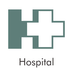 Logotipo abstracto con texto Hospital con letra H gris con cruz en espacio negativo