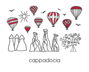 Cappadocia, Turkey. Modern vector illustration of a famous turkish landmarks in a clear design style: black doodle outline and red color blocks on white background. Card, banner, poster, flyer design 