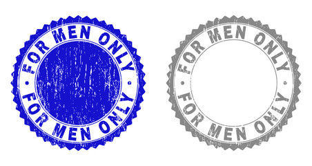 Grunge FOR MEN ONLY stamp seals isolated on a white background. Rosette seals with grunge texture in blue and gray colors. Vector rubber overlay of FOR MEN ONLY caption inside round rosette.