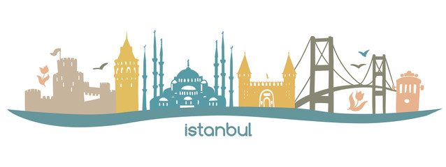 Modern flat horizontal vector illustration Istanbul with silhouette of famous turkish symbols: tower, bridge, gate, mosque in Turkey. Skyline banner in pastel colors isolated on white background. - Ve