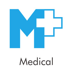 Logotipo abstracto con texto Medical con letra M con cruz lineal en color azul