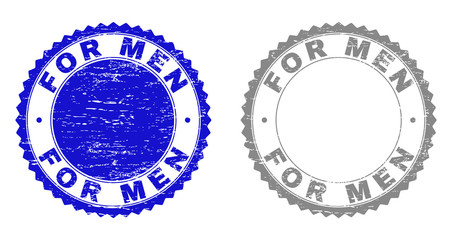Obraz premium Grunge FOR MEN stamp seals isolated on a white background. Rosette seals with grunge texture in blue and grey colors. Vector rubber watermark of FOR MEN tag inside round rosette.